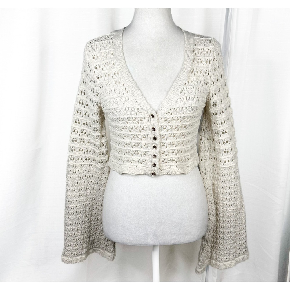 Zara Crochet Cardigan S Ivory Cropped Bell Sleeve Jeweled Buttons Boho Y2K EUC